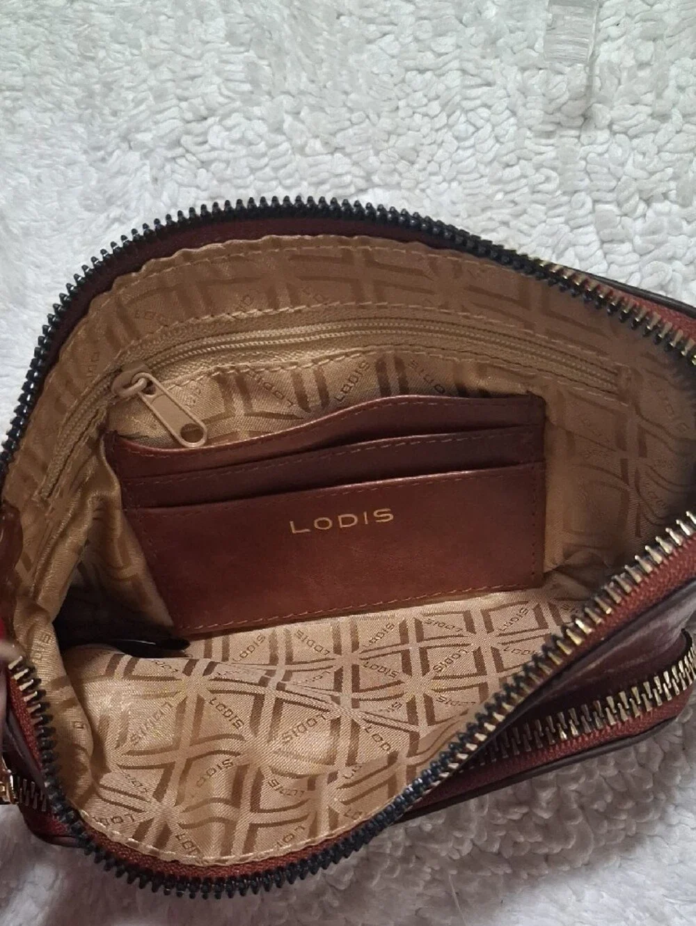 Lodis Leather Double Zip Pouch in Brown with Gold Hardware
